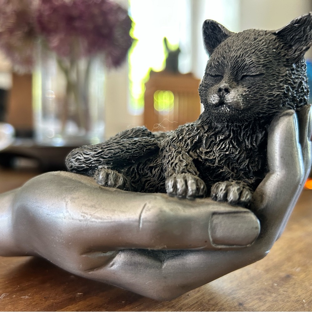 Sleeping Cat Figurine in Metallic Silver Finish